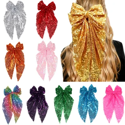 Girl's Sequined Oversized Bow Hair Clip Personalized Ribbon 16-color Solid Color Cheerleading Party Hair Accessory and Hair Clip