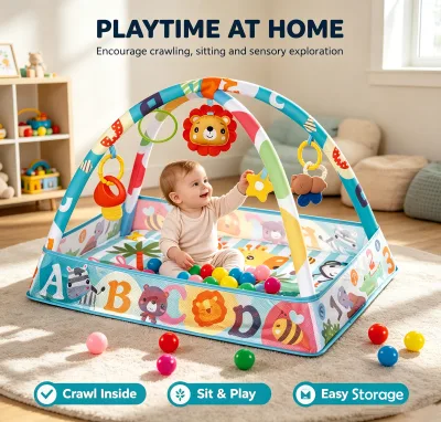 Educational Infant Activity Gym Animal-Themed Cloth Mat Musical Frame 8 Marine Balls Soft Play Set for 0-24 Months 2-4 Years