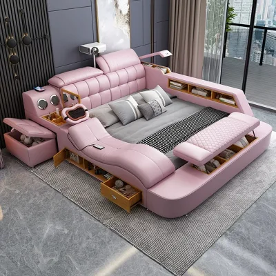 Smart Massage Bed 1.8m Upholstered Blush Pink Tatami Tufted Headboard Bluetooth Speaker Projector Storage for Bedroom Bett