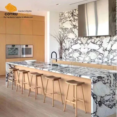 CTS Calcatta Viola Dolomite Marble Kitchen Island Countertop Waterfall Edge Backsplash Polished Surface Durable Eco-Friendly