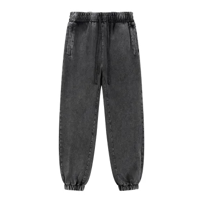 Men's Heavy-Duty Terry Fabric Full-Length Ankle Binding Pants Spandex/Cotton Blend Mid Waist Drawstring Closure Snow Pants