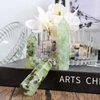 Wholesale Natural Stones and Crystal Craft Hand Polished Prehnite Rutile Point Crystal Tower