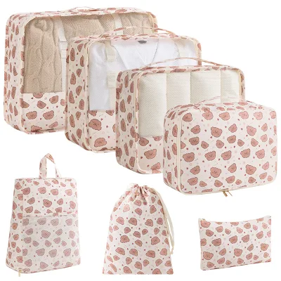For New Fashion Cartoon PU Travel Bag Seven-Piece Suit Digital Toiletries Bag with Zipper Closure