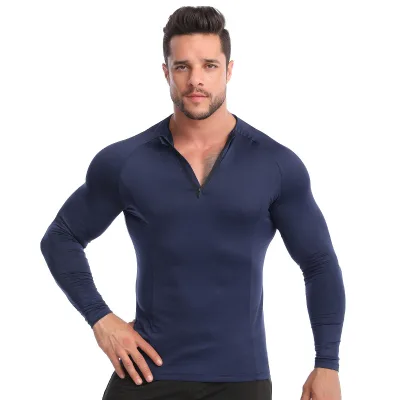 5%Spandex 95%Polyester Quick Dry Sport 1/4 Quarter Zip Top Compression T-Shirt Custom Logo Rash Guard Training&Jogging Wear