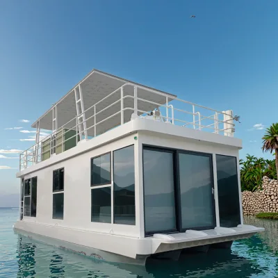 Solar Powered Luxury Prefab Floating House Boat Modular Villa Hotel With AC Kitchen Bathroom Bedroom and Living Room