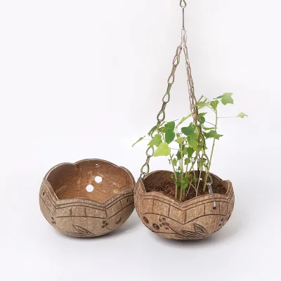 Eco-friendly Coconut Shell Hanging Plant Basket Handmade Coconut Shell Bowl Flower Pot Home Decor