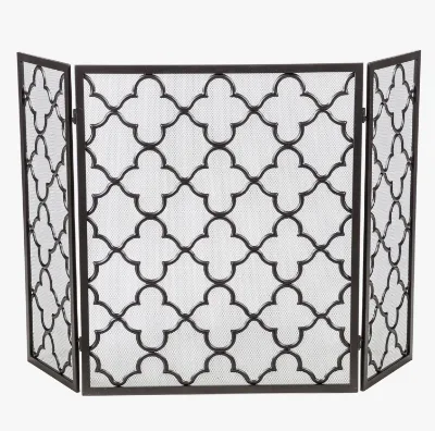 Black Foldable Mesh Netting 3 Panel High Quality Leaf and Vine Relief Decorative Metal Fireplace Screen