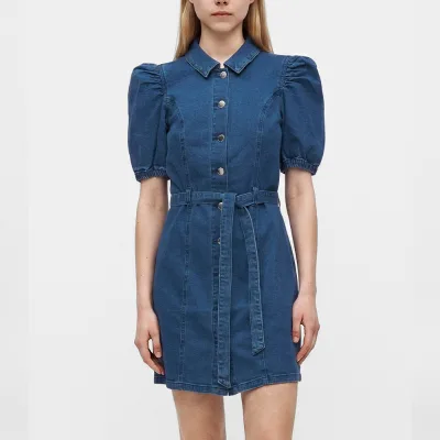 Denim Mini Dress Women Puff Sleeve Belted Button Down Undefined Abbigliamento Donna Wholesale Jean Sun-Gown Retro