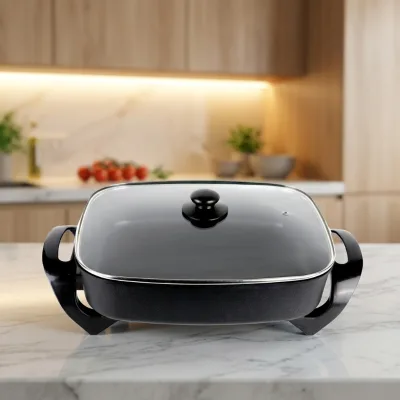Detachable Multifunctional 1500W 9L Aluminum Electric Skillet Tempered Glass Non-Stick Frying Pan  Cooking Pot Household Use