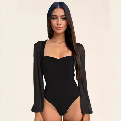 Women Sweetheart Neck Mesh Puff Long Sleeve Ribbed Bodysuit Slim Fit Bodycon Elegant Party Ladies Bodysuit Tops