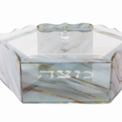 Judaica Acrylic Irregular Design Matzah Box Open Square Matza Box With Grey Gold Marble Design