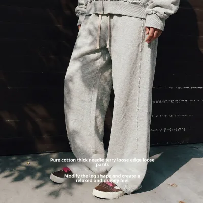 YCAN Men's Autumn Heavyweight Knitted Pure Cotton Mid Waist Vintage Hem Wide-Leg Floor-Length Casual Sweatpants Anti-Static Soft