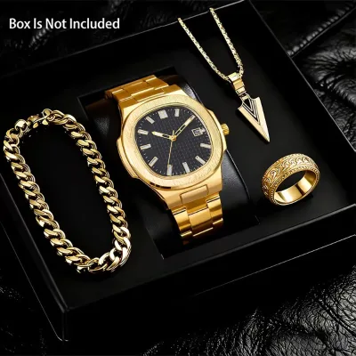 4PCS Luxury Men Business Watches Bracelet Necklace Set Fashion Square Dial Quartz Wristwatch With Calendar (WithoutBox)