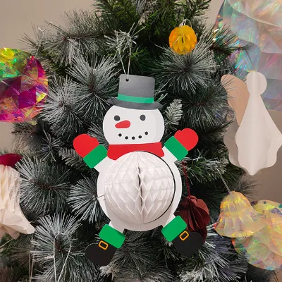 Christmas Snowman Tissue Paper Ornament Die Cut Hanging Decoration 9.5" 4-color Round Shape Festive Party Wall Decor