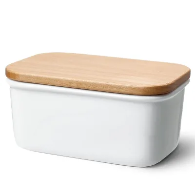 ceramic butter dish  Large Butter Dish - Porcelain Keeper with Beech Wooden Lid, Perfect for 2 Sticks of Butter, White