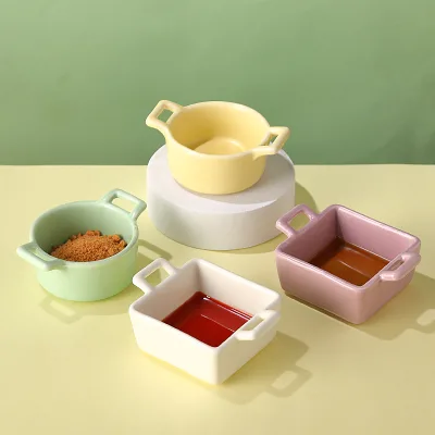 Morandi Color Sauce Condiment Dish Ceramic Small Square Ramekin with Handles