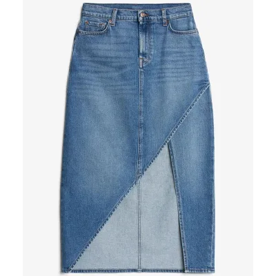 Wholesale High Waist Irregular Side Split Midi Long Denim Skirt Solid Color Custom Logo Label Tags Lady Blue Jean Skirts