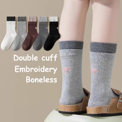 Embroidery Bowknot School Student Girl Double Layer Cuffs Breathable Fashion Trend Sweet Style Princess Cotton Socks Toddlers
