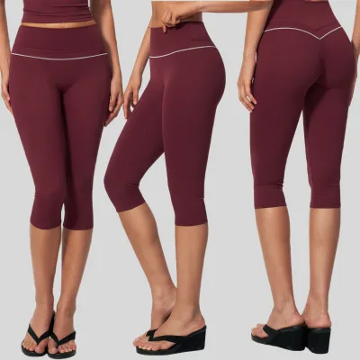 Women High Waist Yoga Capris Contrast Stitching Print V Back Lifting Butt 3/4 Length Breathable Quick Dry Fitness Workout