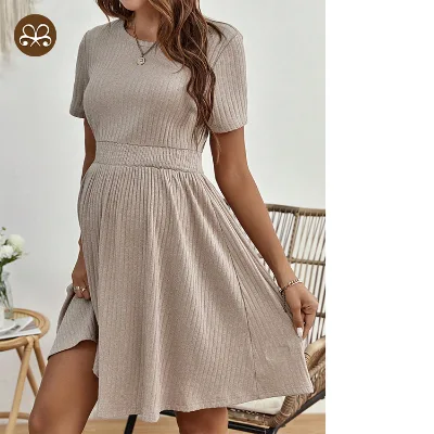 Casual Women Maternity Skirt High Waist Khaki Casual Ribbed Knitted A-line Maternity Dress