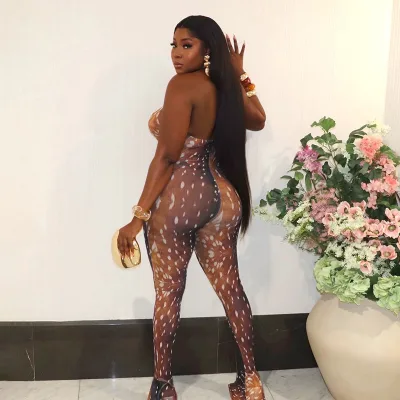 Y4822 Women's Halter Neck Hollow Backless Deer Print Jumpsuit