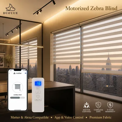 Modern Design Luxury Dual Layer Blackout Fabric Motorized Matter Tuya Alexa Google Built in Smart Zebra Blinds for Window