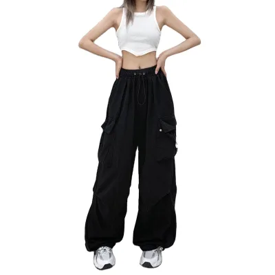 2023 Women Casual Joggers Tech Pants Solid Low Waist Pants Drawstring Wide Leg Baggy Trousers Streetwear Oversize Sweatpants