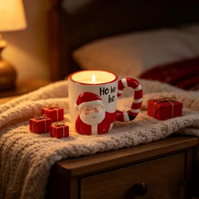 Santa Claus Ho Ho Ho Ceramic Mug Candle with Candy Cane Handle Christmas Decorative Scented Candle for Gift