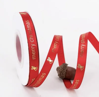 1cm Bell-printed & Christmas Gold-stamped Ribbons for Gift Box, Flower, Cake & Collectible Figure Decoration