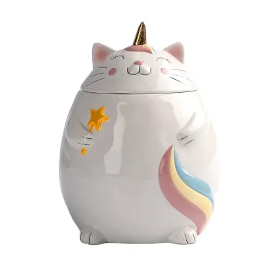 7.25" Tall Hand Painted Rainbow Fat Cat & Gold Unicorn Cookie Jar Food Storage & Container Personalized