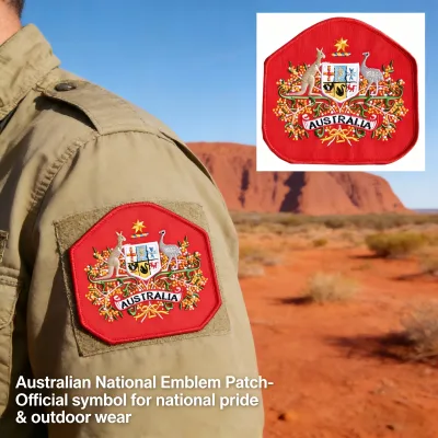 Red Background Australia Emblem Stitched Patch, High-Density Embroidered Applique for Jackets, Bags & National Pride Accessories