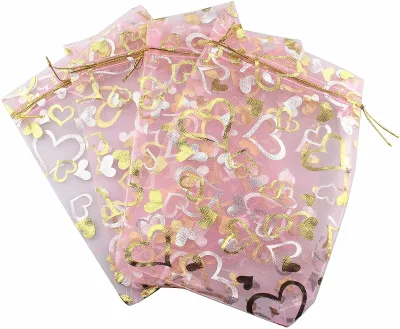 Factory Direct Sales Inches Heart Printed Red Organza Jewelry Pouch Organza Drawstring Pouches Wedding Favors Candy Gift Bags
