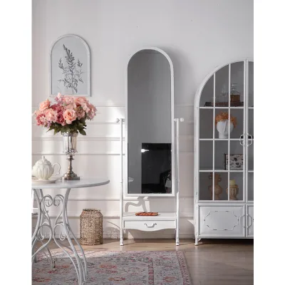 High Quality French Style Metal White Color Floor Standing Mirror Full Length Large Arched Iron Frame Floor Mirror with Drawer