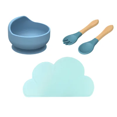 Food Grade Soft Silicone Baby Tableware Set Includes Bowl Spoon Fork and Dinner Mat for Toddlers for Kids Dining