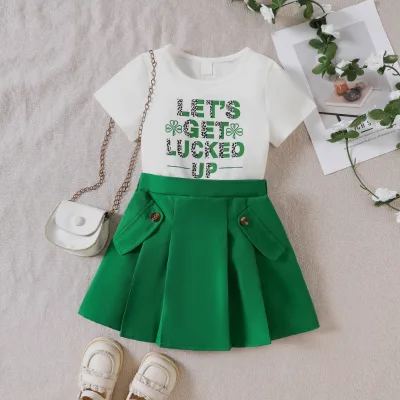 EW Foreign Trade Spring Summer Casual T-Shirt and Pleated Skirt Set for Girls New Letter Print High Quality TZ1372-B