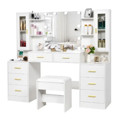 White Light Luxury Vanity Table Gold Handles LED Bulb Mirror Multi Drawers & Glass Storage Cabinet Charging Station