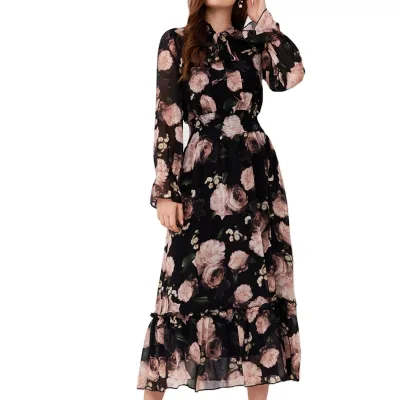 OEM Chiffon Floral Print Ruffle Sleeve Tie Neck Waist Maxi Elegant Ladies Casual Dress