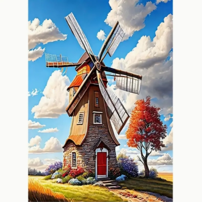 Diamond Painting, Diamond Embroidery, Full of Diamonds, Landscape, Cottage, Windmill