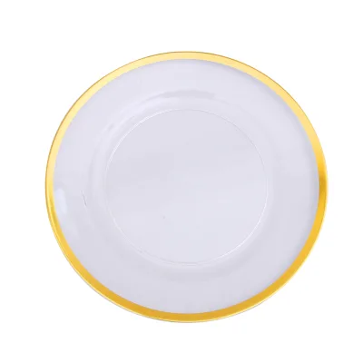 13\" Eco-Friendly Plastic Gold Rim Clear Plate 33cm Home Restaurant Wedding Event Party Decoration Pattern Type Plant
