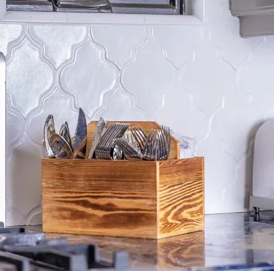 Kitchen Counter Organizers Wooden Cutlery Holders Rectangular Napkin Storage Boxes Silver Handles for Home Storage Organization