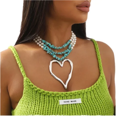 Bohemian Style Multi-Layer Large Heart Beaded Necklace Chunky Fashion Pearl Turquoise Jewelry for Women Gold Plated for Party
