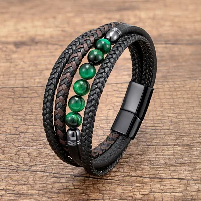 New Stone Beads Handwoven Braided Leather Bracelet Multi-Layer Men's Jewelry Bangle