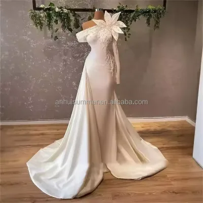 S0444F New Spring Summer New Bride Wedding French Satin Trailing Annual Meeting Off-shoulder Light Wedding Dres