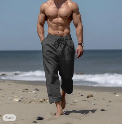 2024 Men's Fashion Cotton and Hemp Pants Drawstring Pocket and Straight Sleeve Comfortable and Breathable Daily Casual Pants