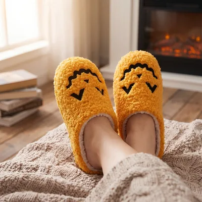Custom OEM men's orange fluffy slide slippers with star pattern BSCI MOQ 500 Pairs Distributor