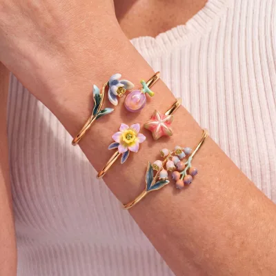 18K Gold Plated Copper Enamel Flower Bangle Fig Berry Design Trendy Women Cuff Bracelet Party Gift Jewelry