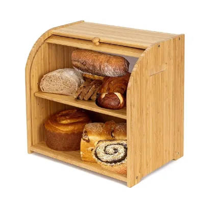 Kitchen Bread Storage Bin Double Layer Large Capacity Bamboo Bread Box with clear windows
