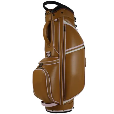 High Quality Premium Light-Weight Brown PU Leather Stand Golf Bag with Waterproof Zipper Closure 4 Dividers Top Portable