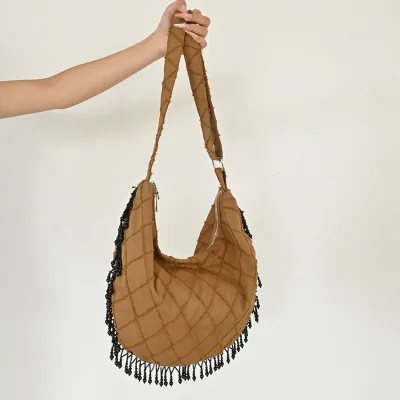Lingge Women Bottom Fringed Hobo Bag Woven Large Capacity Dumpling Tassel Beading Shoulder Bag Bohemian Quilted Crescent Handbag