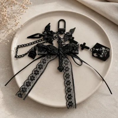 Handmade Black Lace Ribbon Bow Keychain Pendant with Cross Charm Halloween Bag Charm Dark Lolita Bag Charm Punk Wing Metal Chain